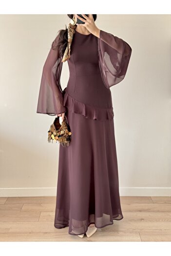 LOCH BUTİK Women's Brown Sleeve and Skirt Chiffon Waist Ruffled Zippered Back Tie Maxi Dress