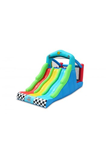 Happy Hop Race inflatable mattress with three slides, play area and climbing frame