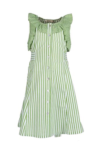 Ozmoz By Mukadder Özden Striped Ruffle Green Summer Girls' Dress