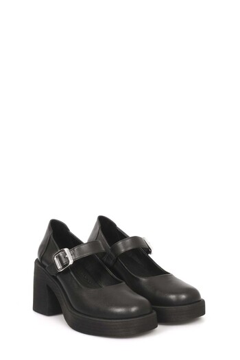 TUGERDİ Black Genuine Leather Light Sole Thick Heeled Women's Shoes Tg0921726177413