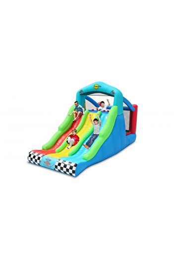 Happy Hop Race inflatable mattress with three slides, play area and climbing frame