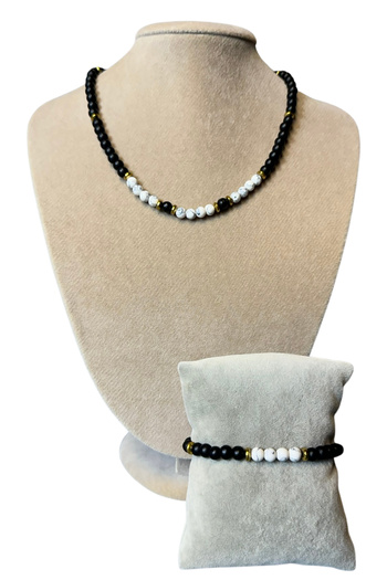 Uretti - Özlem 9422 4043 Handmade Onyx and Howlite Natural Stone Necklace and Bracelet Set