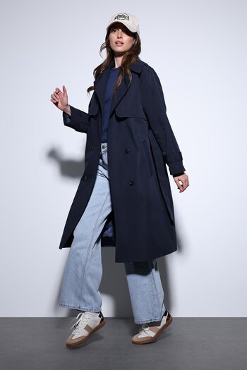 Antioch Navy Blue Double Breasted Women's Trench Coat with Belt