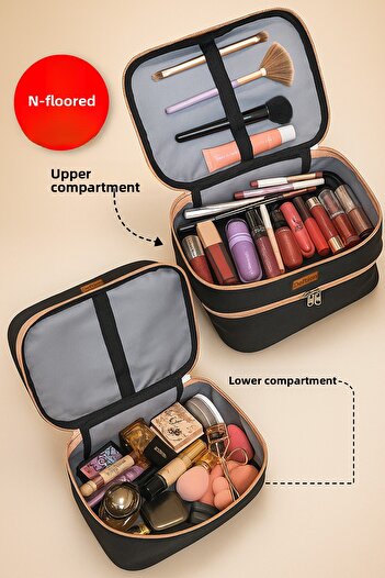 Deftion Professional Double Compartment Large Capacity Makeup Bag Waterproof Large Size Travel Organizer