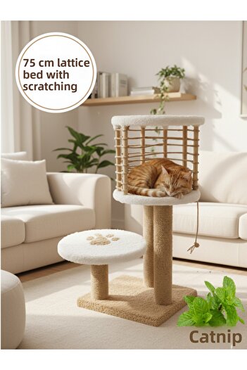 Komano Pontika Caged Cat House and Scratching Post |   Scratching with a Mattress |   75 cm |   Modern and Stylish Design