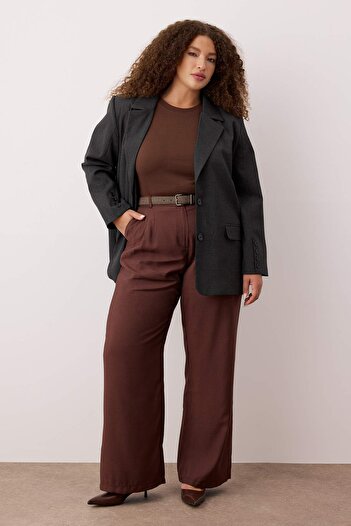 Trendyol Curve Brown Double Pleated High Waist Wide Leg Summer Woven Pants Tbbss25Ar00021