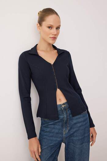 Trendyol Collection Navy Blue Plain Polo Neck Agraft Ftited/Fitted Stretch Knitted Blouse Twoaw26Bz00038