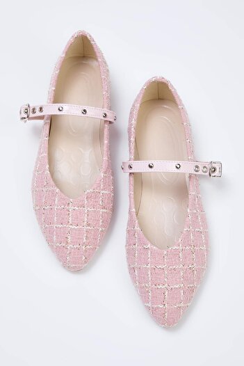 TRENDYOL SHOES Rosa Tweed Mary Jane Vogelaugenriemen Spitzenschuh Damen Ballerinas TAKAW26BE00004