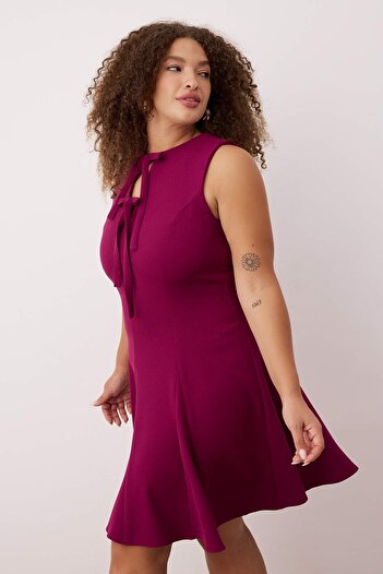 Trendyol Curve Plum Bow A-Line/Waist Cutout Mini Woven Plus Size Dress Tbbaw26Ah00007