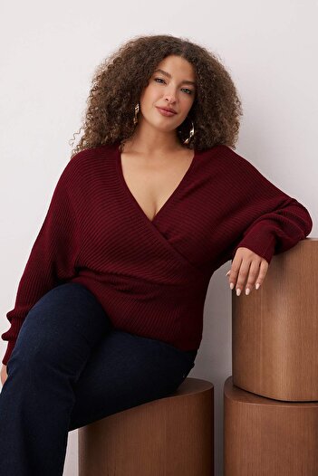 Trendyol Curve Burgundy Double Breasted Closure Tie Back Knitwear Sweater Tbbaw23An00040