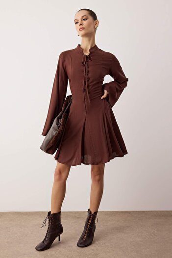 Trendyol Collection Brown Skirt Waist Opening Eyelet Tie Detail Short / Mini Woven Dress Twoaw26El00186