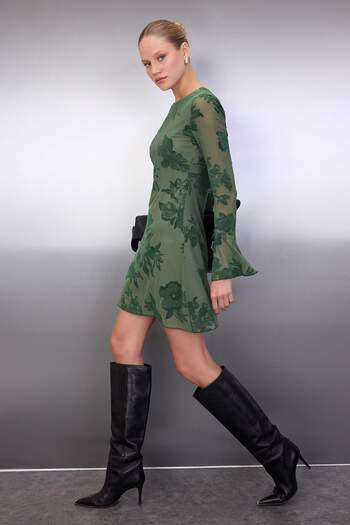 Trendyol Collection Khaki Flock Printed Bodycon Mini Tulle Flare Sleeve Lined Stretchy Knitted Dress Twoaw26El00029