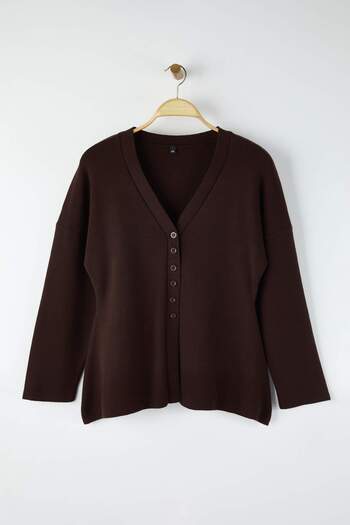 Trendyol Curve Brown V-Neck Mercerized Look Premium Yarn/Special Yarn Knitwear Cardigan Tbbaw26Av00036