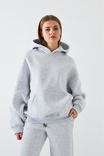 Gia Collection Oversize Unisex Sweatshirt Hoodie Gray Melange – Hooded, 3-Thread Fleece, Kangaroo Pocket, Basic