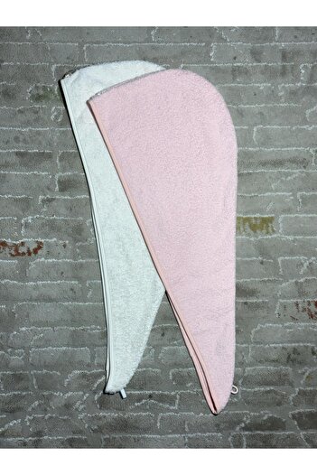 Fronte Home Hair Towel Hair Cap Set of 2 100% Cotton Drying after Bath, Pool and Sea Pink / Ecru