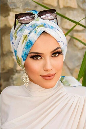 Aişe tesettür White Blue Floral Buckle Bonnet