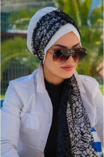 Aişe tesettür White Black Lace Scarf Bone-40602