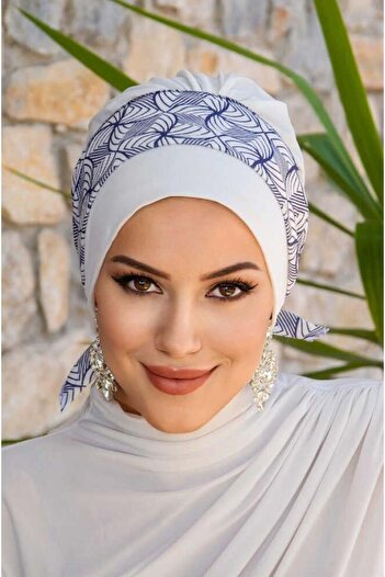 Aişe tesettür White Navy Blue Spiral Pattern Banded Bonnet