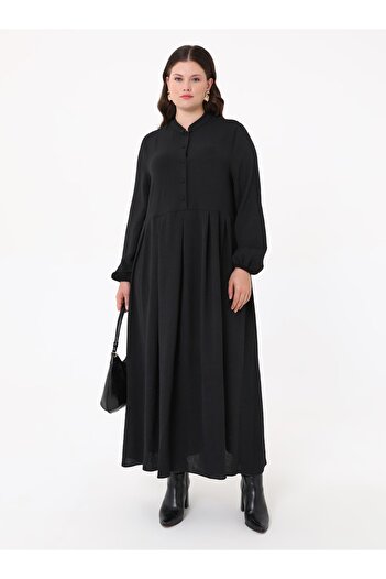 ALİA Chief Collar Button Detailed Large Size Aerobin Dress - Black - Alia