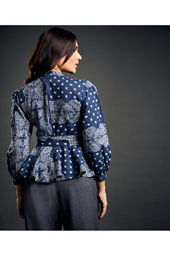 Zigzag Blue And White Printed Peplum Top