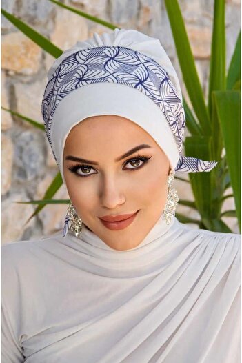 Aişe tesettür White Navy Blue Spiral Pattern Banded Bonnet