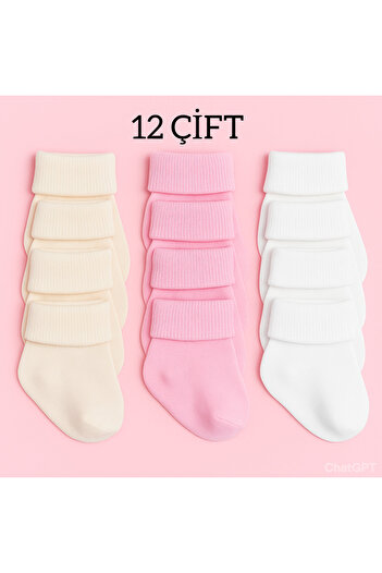 Akface 12 Pairs of Cotton Non-Squeezing High-Cut 3-Color Baby Girl Socks 0-6 Months
