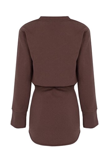 La Sarta Luna Women's Brown Elastic Waist Skirt Oval Mini Slit Detailed Long Sleeve Sweat Dress