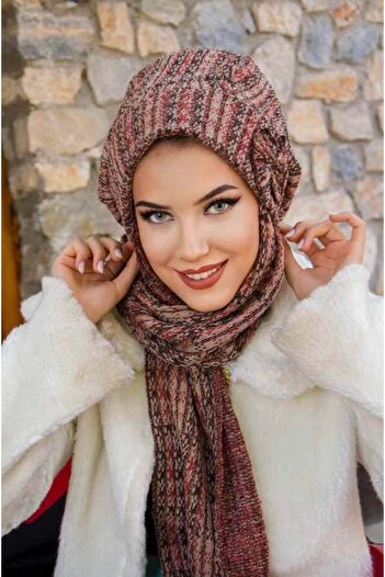 Aişe tesettür Brown Pattern Bow Hijab Beanie