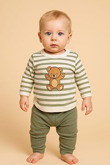 MixMax Bebe Baby Boy Striped Cute Bear Long Sleeve Bottom Top Baby Set 100% Cotton