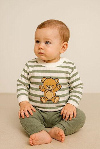 MixMax Bebe Baby Boy Striped Cute Bear Long Sleeve Bottom Top Baby Set 100% Cotton