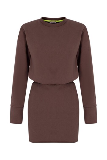 La Sarta Luna Women's Brown Elastic Waist Skirt Oval Mini Slit Detailed Long Sleeve Sweat Dress