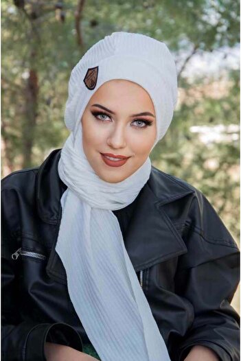 Aişe tesettür Off-White Ribbed Embroidered Hijab Beanie