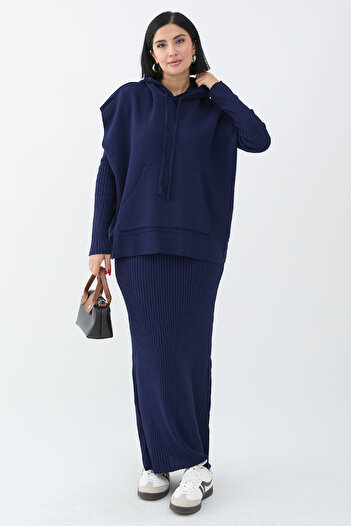 InStyle Navy Blue Knitwear Hooded Dress Set