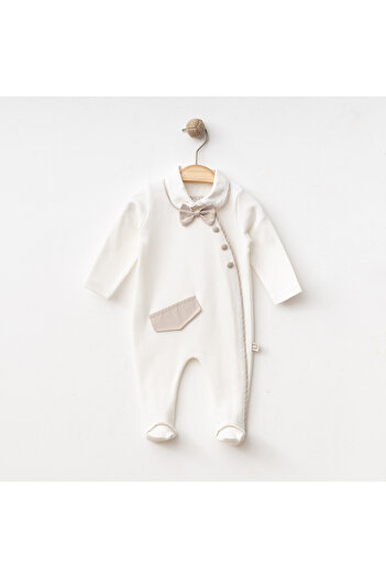O Baby Smoking Suit with Bow Tie Baby Boy Romper & Hat - Ecru - 0-3-6 Months - 100% Cotton