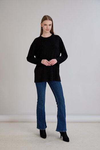 Sortie Spliced Stone Slit Neckline Tunic Black
