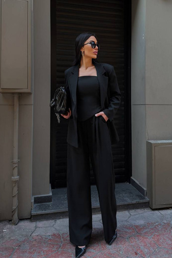 Ortaya Çık Black Blazer Jacket Blouse Palazzo Pants 3 Piece Suit