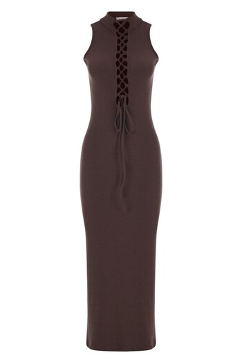 La Sarta Pisa Front Tie Open Front Camisole Stand Collar Long Dress Brown