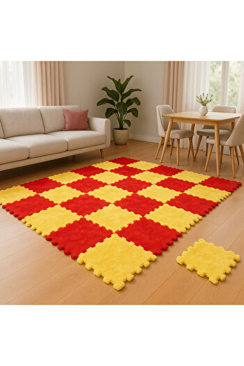 DECOZEYN Sarı Kırmızı Renk Peluş Taraftar Halısı Yapboz puzzle halı Japonhalı