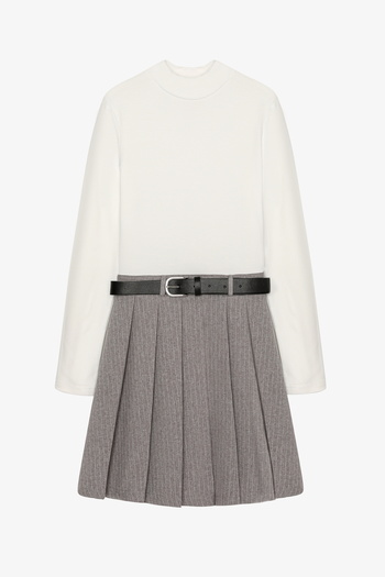 Quzu Combined Belted Pleated Mini Dress Ecru