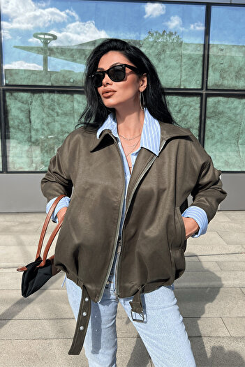 giyimmasalı Woven Suede Fabric Bomber Jacket - Khaki Green