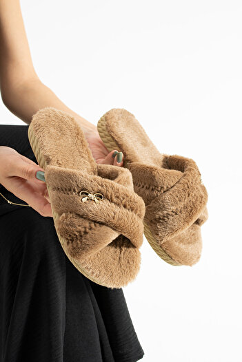 Moda Devrin Mink Ribbon Buckle Plush Winter Women's Slippers