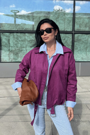 giyimmasalı Woven Suede Fabric Bomber Jacket - Mürdüm