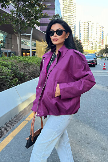 giyimmasalı Woven Suede Fabric Epaulet Bomber Jacket - Mürdüm