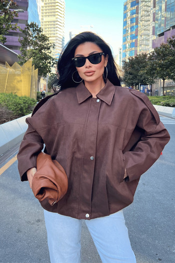 giyimmasalı Woven Suede Fabric Epaulette Bomber Jacket - Dark Brown