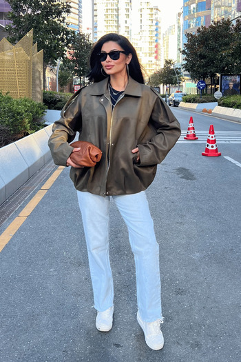 giyimmasalı Woven Suede Fabric Epaulet Bomber Jacket - KHAKI GREEN