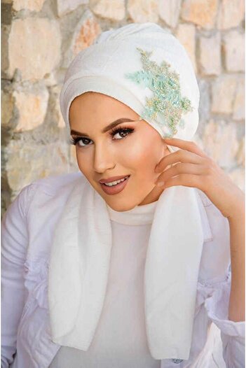 Aişe tesettür White Lace Embroidered Evening Dress with Scarf - 60101