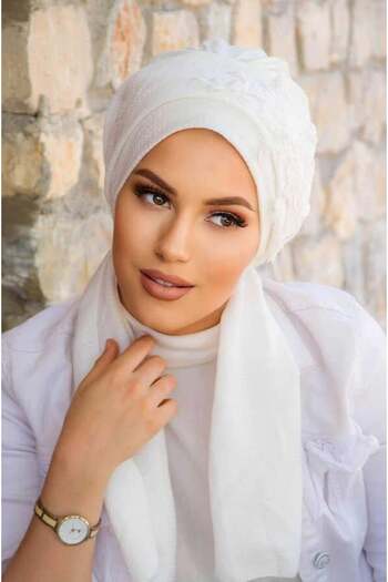 Aişe tesettür White Embroidered Scarf Evening Dress Bonnet - 60101
