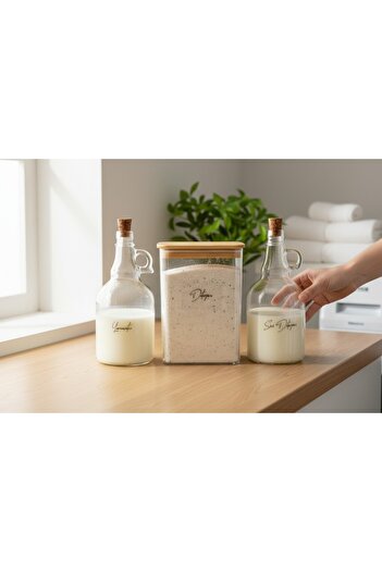 zezedesing Βάζο απορρυπαντικού φελλού 2000ML με ξύλινο καπάκι - Μπουκάλι μαλακτικού 1000ML