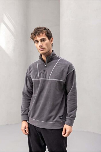 Valiberta Crowe Stripe Oversize Half Zipper Fleece Men's Sweatshirt - Smoked