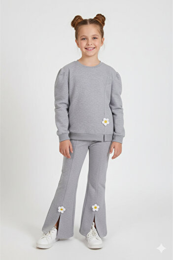 zepkids Crew Neck Long Sleeve Slit Gowns Detailed Long Sleeve Gray Color Girl's Tracksuit Set
